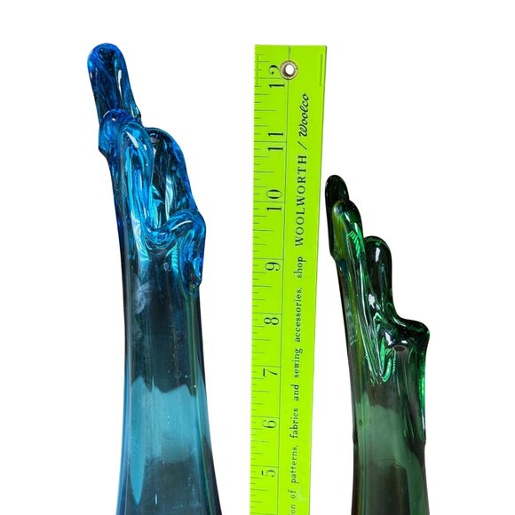 Hand Blown 2 Swung Glass Bud Vases Blue Cobalt & Green Retro MCM Collectable - Picture 13 of 13